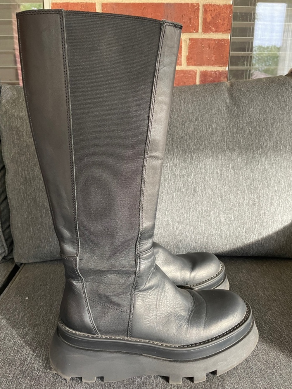 ZARA black leather tall boots track sole 38/7,5 biker rare - Picture 7 of 12